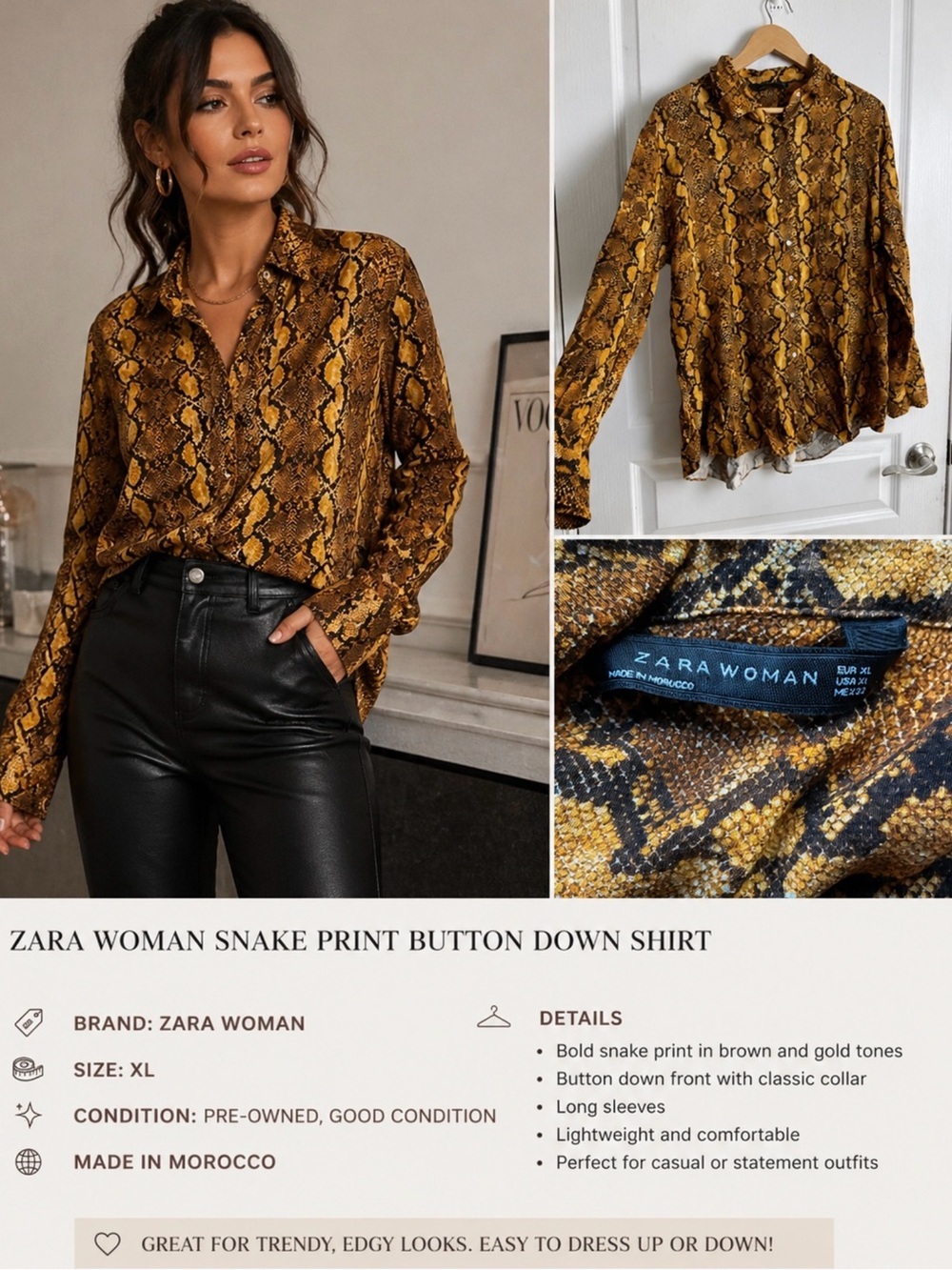 Zara Woman Snake Print Button Down Shirt XL Brown Gold Long Sleeve